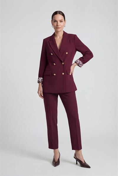 Bordo-ML58029 Leopar Astarlı Kruvaze Blazer