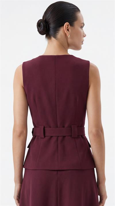 Bordo-ML98004 Kemerli Metal Fermuarlı Yelek