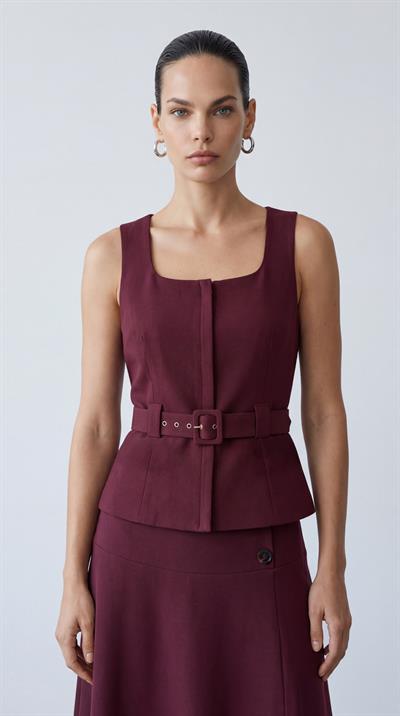 Bordo-ML98004 Kemerli Metal Fermuarlı Yelek