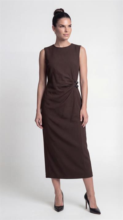 Kahve-ML18008 Toka Detaylı Kolsuz Elbise