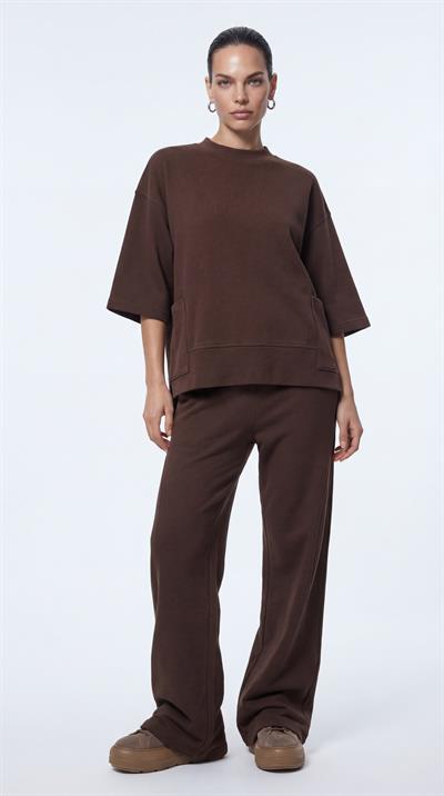 Kahve-ML28041 Düşük Omuz Süet Örme Sweatshirt