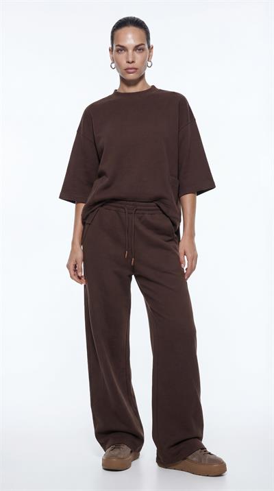 Kahve-ML28041 Düşük Omuz Süet Örme Sweatshirt