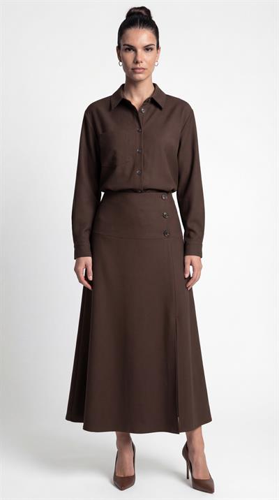 Kahve-ML38007 Düğme Detaylı Kloş Etek