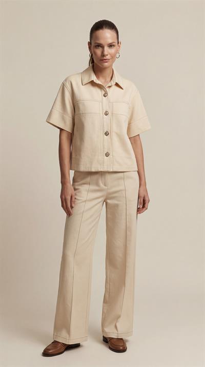Krem-ML48036 Dikiş Detaylı Bol Kesim Pantolon