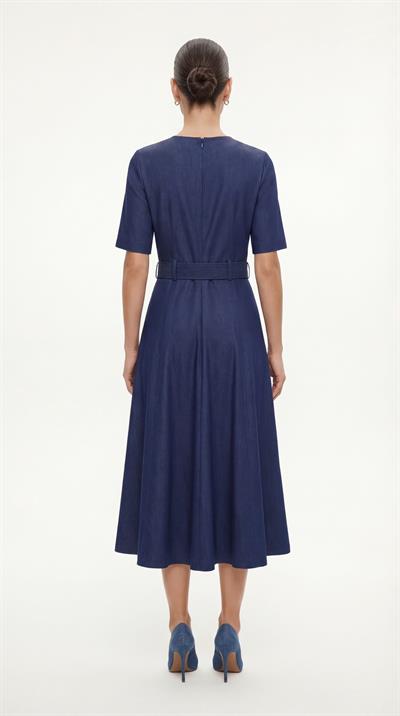 Lacivert-ML18028 Kemerli Kısa Kol Denim Elbise