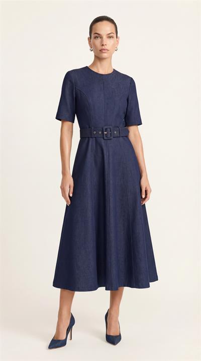 Lacivert-ML18028 Kemerli Kısa Kol Denim Elbise
