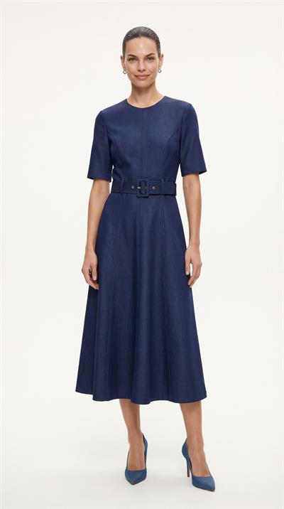 Lacivert-ML18028 Kemerli Kısa Kol Denim Elbise