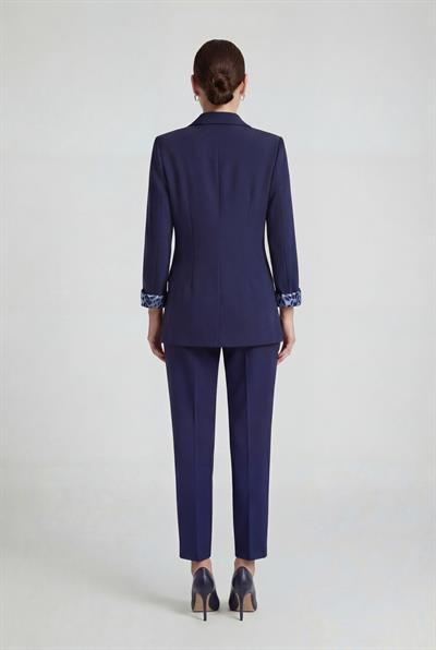 Lacivert-ML58029 Leopar Astarlı Kruvaze Blazer