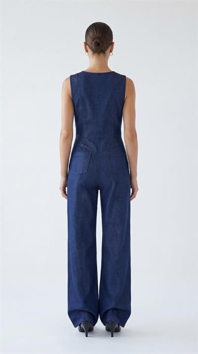 Lacivert-ML88001 Önden Fermuarlı Kolsuz Denim Tulum