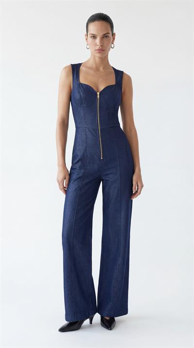 Lacivert-ML88001 Önden Fermuarlı Kolsuz Denim Tulum