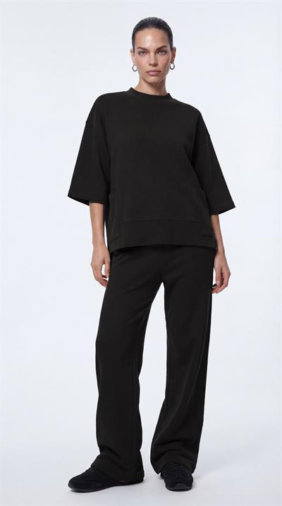 Siyah-ML28041 Düşük Omuz Süet Örme Sweatshirt