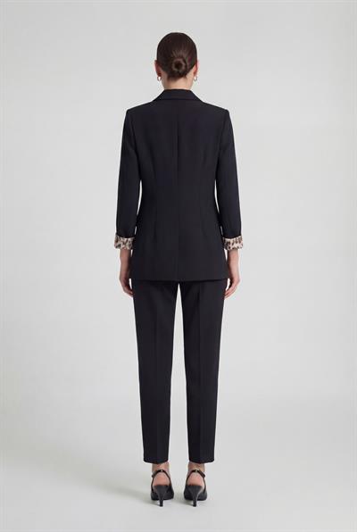 Siyah-ML58029 Leopar Astarlı Kruvaze Blazer