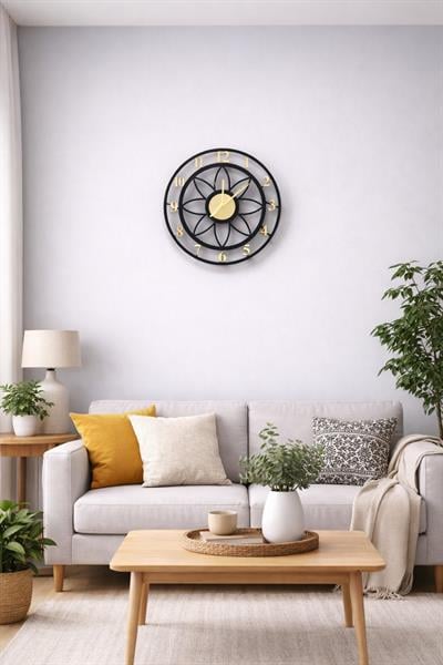 Floral Style Siyah-Gold Dekoratif Duvar Saati - Sessiz Mekanizma