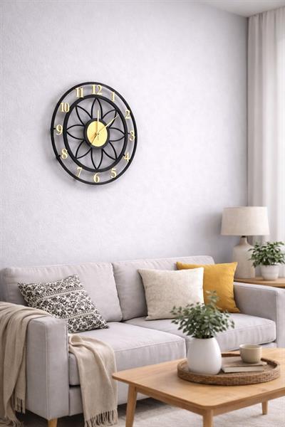Floral Style Siyah-Gold Dekoratif Duvar Saati - Sessiz Mekanizma