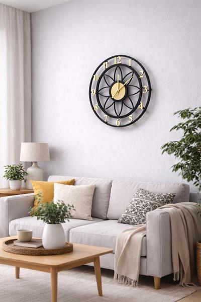 Floral Style Siyah-Gold Dekoratif Duvar Saati - Sessiz Mekanizma
