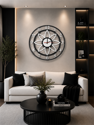 Floral Style Siyah-Gümüş Dekoratif Duvar Saati - Sessiz Mekanizma