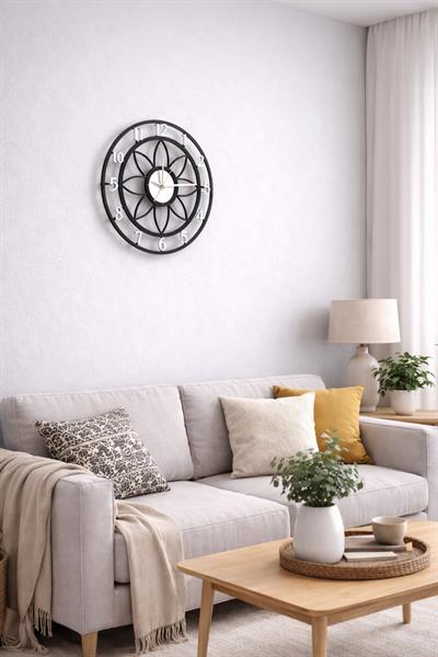 Floral Style Siyah-Gümüş Dekoratif Duvar Saati - Sessiz Mekanizma
