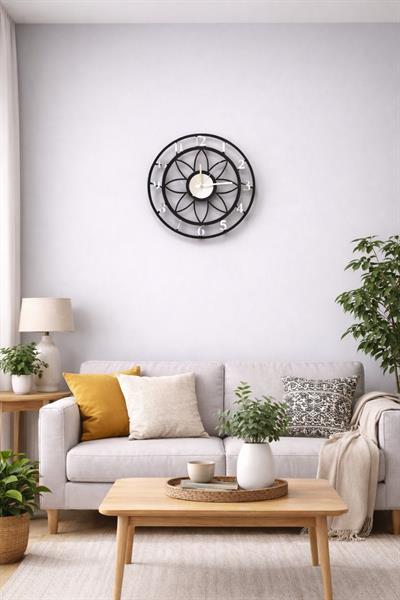 Floral Style Siyah-Gümüş Dekoratif Duvar Saati - Sessiz Mekanizma