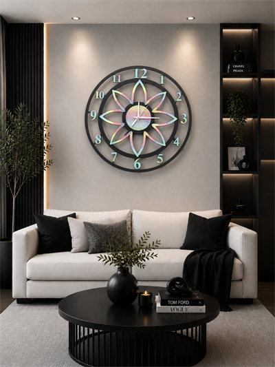 Floral Style Siyah-Rainbow Parıltılı Dekoratif Duvar Saati - Sessiz Mekanizma