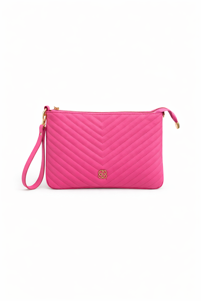 Kadın Fuşya Kapitone Portföy Clutch Çanta Bilek Askılı Şık El Çantası