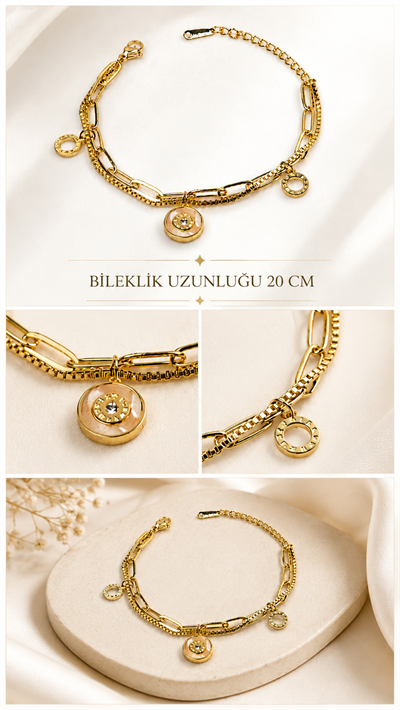 Kadın Gold Renk Çoklu Zincir Detaylı Yuvarlak Çelik Bileklik