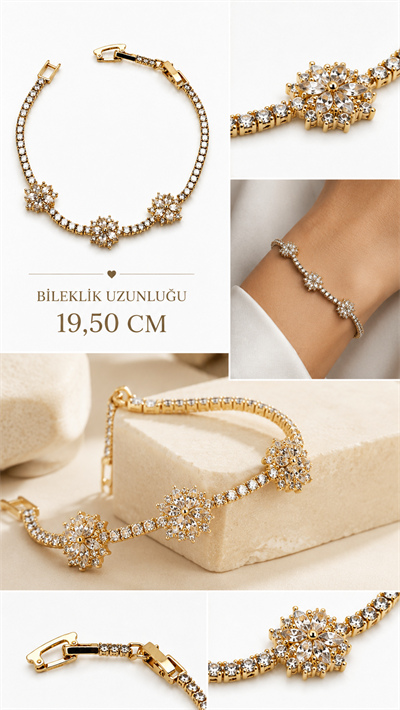 Kadın Gold Renk Taşlı Kar Tanesi Detaylı Şık Çelik Bileklik