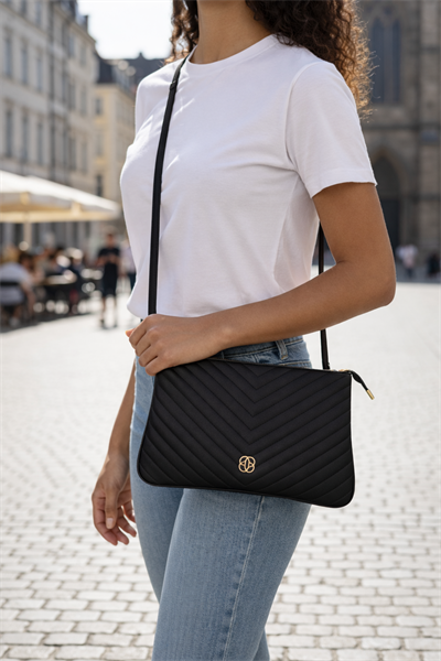 Kadın Siyah Kapitone Portföy Clutch Çanta Bilek Askılı Şık El Çantası