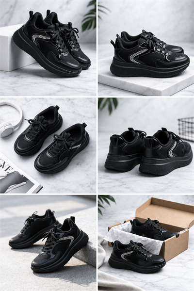 Kadın Siyah Taş Detaylı Kalın Taban Bağcıklı Sneaker Spor Ayakkabı