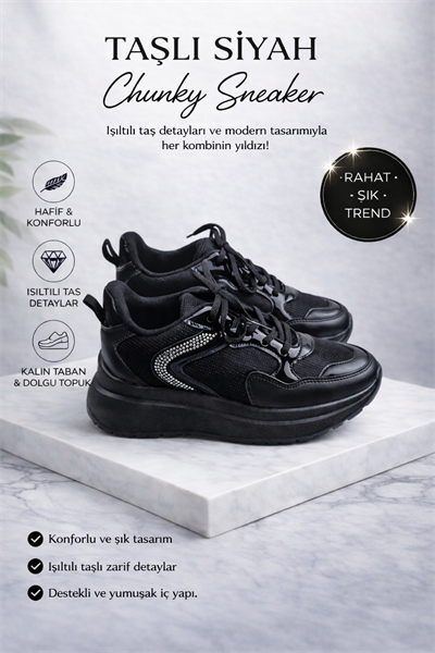 Kadın Siyah Taş Detaylı Kalın Taban Bağcıklı Sneaker Spor Ayakkabı
