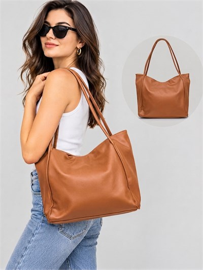 Kadın Taba Düz Deri Minimalist Yumuşak Günlük Şık Omuz Çantası