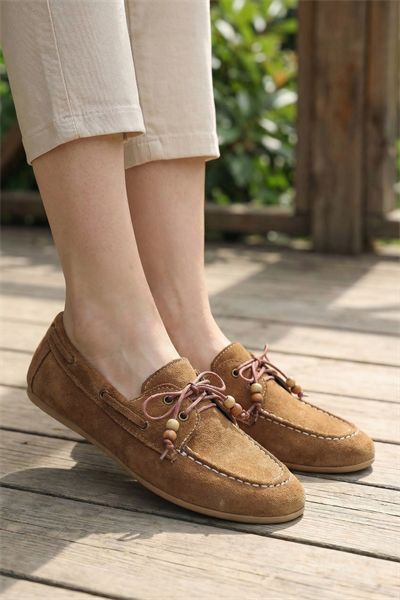 Kadın Taba Süet Görünümlü Bağcıklı Günlük Düz Loafer Ayakkabı
