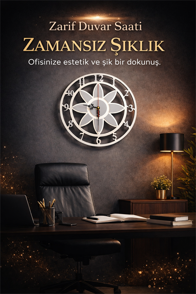 Modern Lotus Desenli Beyaz-Gümüş Dekoratif Duvar Saati - Sessiz Mekanizma