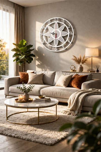 Modern Lotus Desenli Beyaz-Gümüş Dekoratif Duvar Saati - Sessiz Mekanizma
