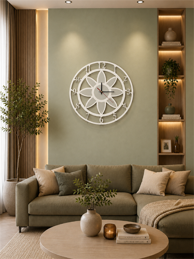 Modern Lotus Desenli Beyaz-Gümüş Dekoratif Duvar Saati - Sessiz Mekanizma