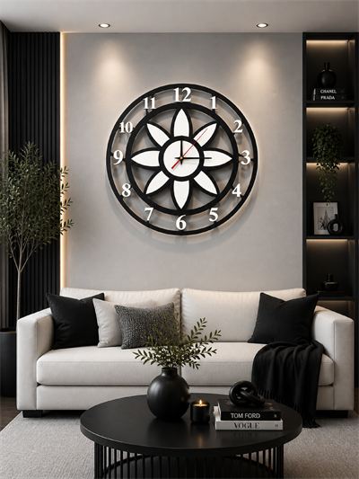 Modern Lotus Desenli Siyah-Beyaz Dekoratif Duvar Saati - Sessiz Mekanizma