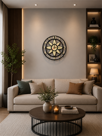 Modern Lotus Desenli Siyah-Gold Dekoratif Duvar Saati - Sessiz Mekanizma