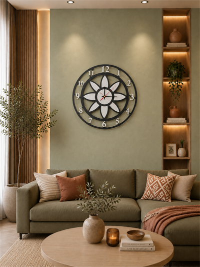 Modern Lotus Desenli Siyah-Gumus Dekoratif Duvar Saati - Sessiz Mekanizma