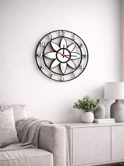 Modern Lotus Desenli Siyah-Gumus Dekoratif Duvar Saati - Sessiz Mekanizma