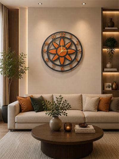 Modern Lotus Desenli Siyah-Taba Dekoratif Duvar Saati - Sessiz Mekanizma