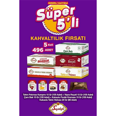 Seyidoğlu Kahvaltı Seti – Çam Balı, Kakaolu Fındık Kreması, Vişne Reçeli, Tahin Helva ve Tahin Pekmez Karışımı