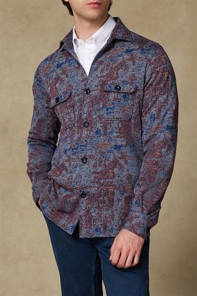 Abbate Legend Örme Kumaş Viskon Karışımlı Overshirt Fit Lacivert Klasik Yaka Erkek Desenli Overshirt
