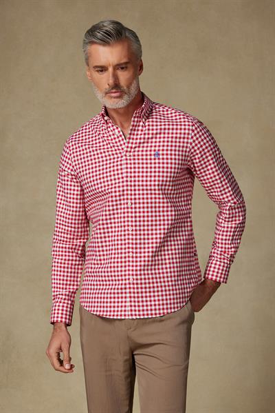 Abbate Lusso Twill Pamuklu Comfort Fit Kırmızı Düğmeli Yaka Erkek Kareli Gömlek