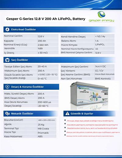 Gesper Energy 12V 200Ah LiFePO4 Batarya