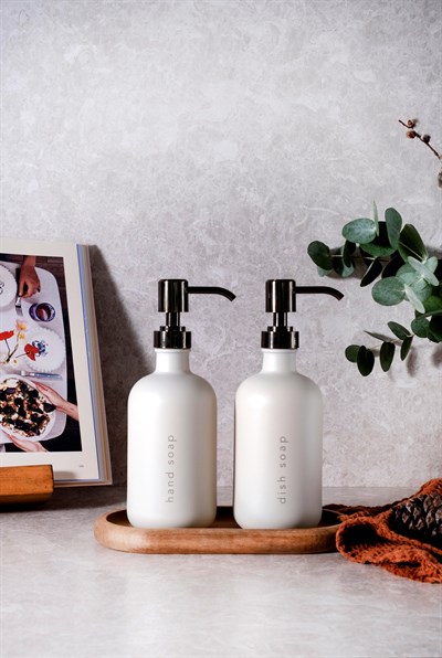 Era - 2'li 350ml Dekorlu Cam Mutfak Sabunluk Seti - Bronz Pompalı ve Ahşap Standlı
