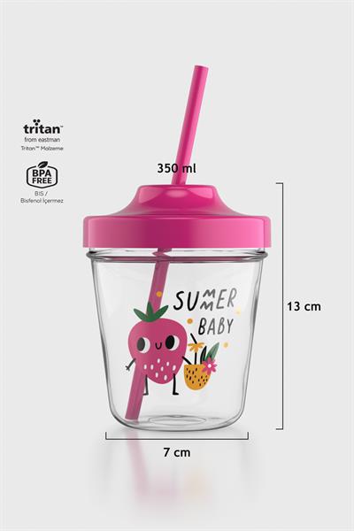 Renga Aura Summer Baby Desenli 350 ml Tritan Pipetli Çocuk Bardak 142022 Fuşya