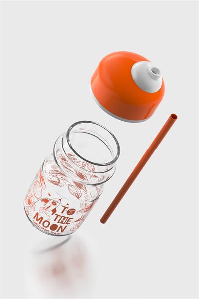 Renga Bubble Kids To The Moon Desenli 370 ml Pipetli Cam Şişe 182027 Turuncu