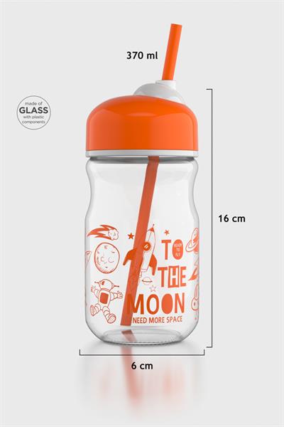 Renga Bubble Kids To The Moon Desenli 370 ml Pipetli Cam Şişe 182027 Turuncu