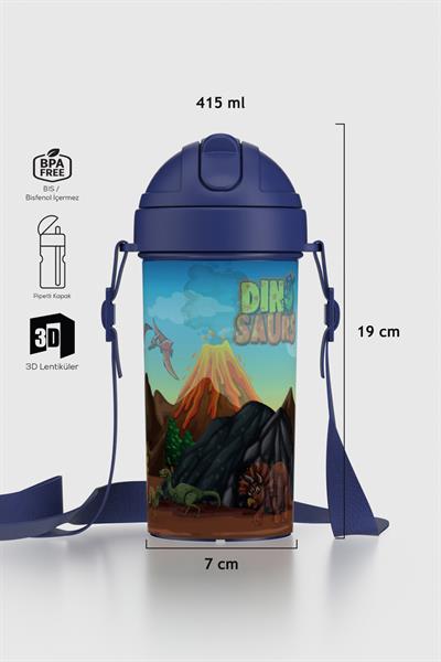 Renga Cosmo Lenticular Dinazor Desenli 415 ml Pipetli Askılı PP Çocuk Matara 912149 Mavi