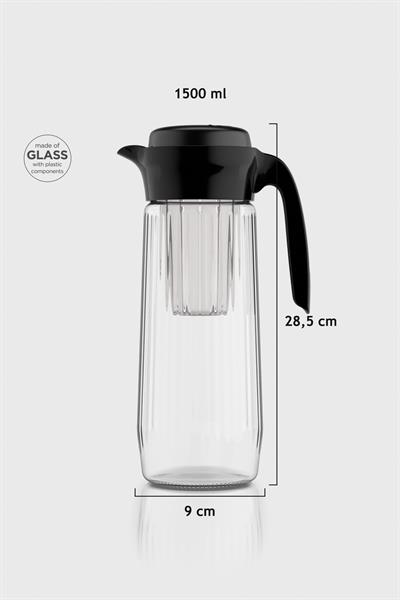 Renga Daisy 1500 ml Siyah Kapaklı Süzgeçli Gravürlü Detoks Cam Sürahi 111025