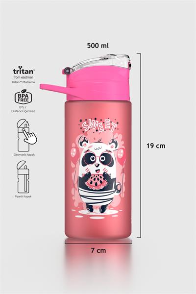 Renga Falcon Panda Desenli 500 ml Pipetli Mat Tritan Çocuk Matara 912037 Pembe